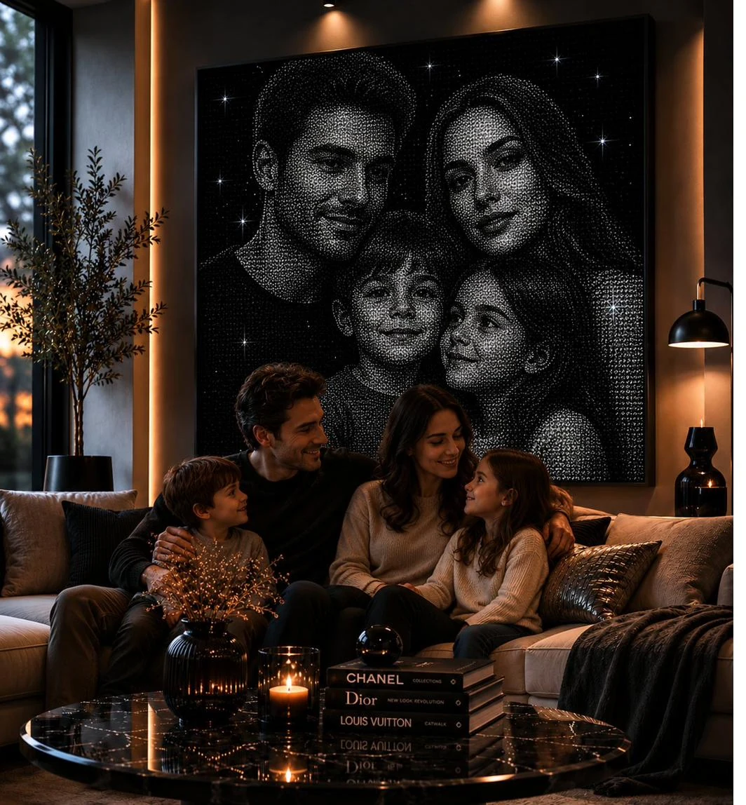 Kristallportrait einer vierköpfigen Familie, gerahmt an der Wand eines Wohnzimmers
