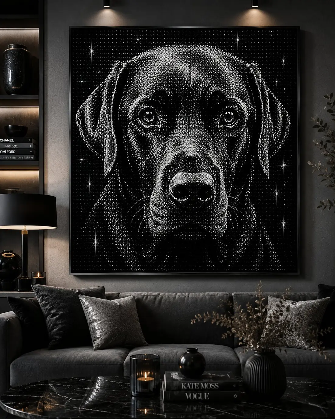 Kristallportrait eines Labradors, gerahmt an der Wand eines Wohnzimmers